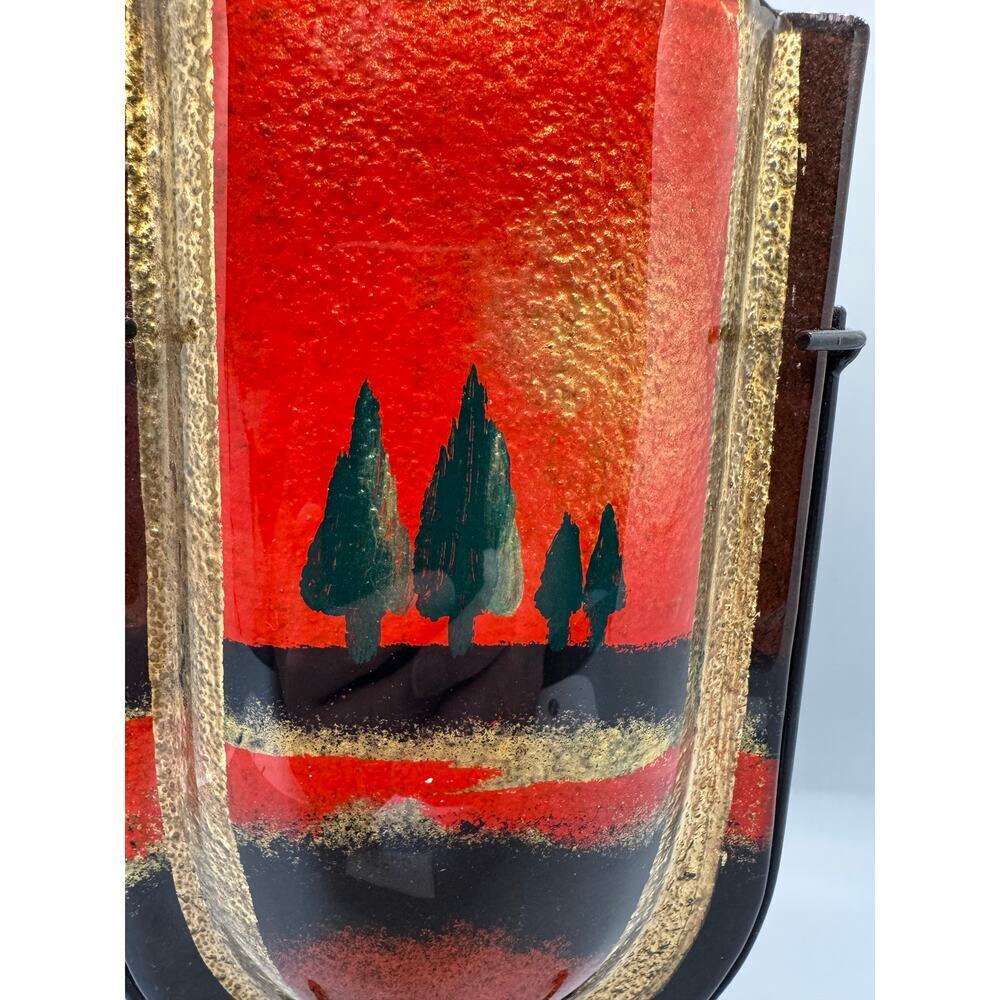 Vintage Jasmine Art Glass Vase in Metal Stand Black Gold Red Green Trees Vibrant - Picture 12 of 13